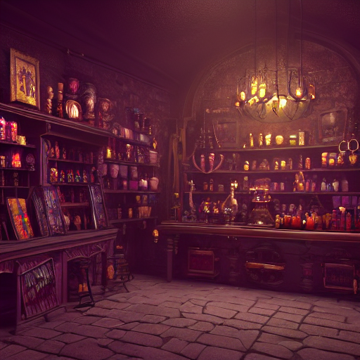 prompthunt inside a magical item shop, fantasy potion vendor interior