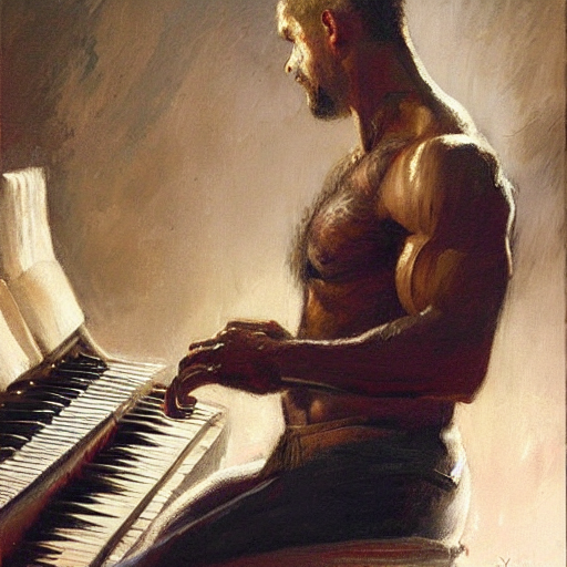 prompthunt: a man playing piano, muscular, detailed face, correct face,  painting by Gaston Bussiere, Craig Mullins