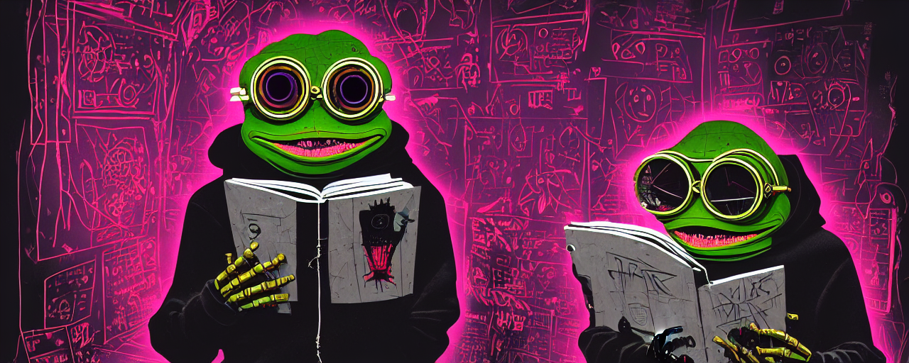 prompthunt: dark scifi illustration 3 / 4 portrait of pepe the frog robot,  hoodie, with glasses, reading necronomicon. art wall, pink, intricate,  cinematic lighting mad scientist style. golden ratio accidental  renaissance. in