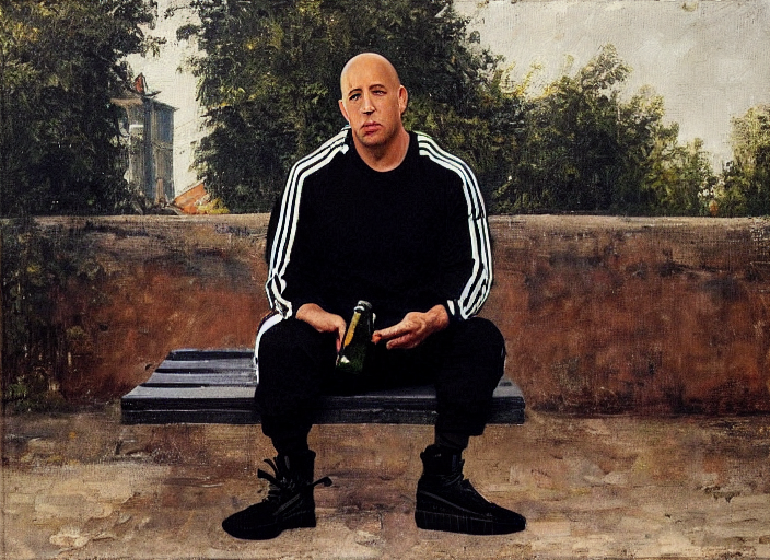 prompthunt: vin diesel in black adidas sport costume, as gopnik character,  sitting on a bench with a bottle of beer in the courtyard of a provincial  russian town, oil on canvas, naturalism