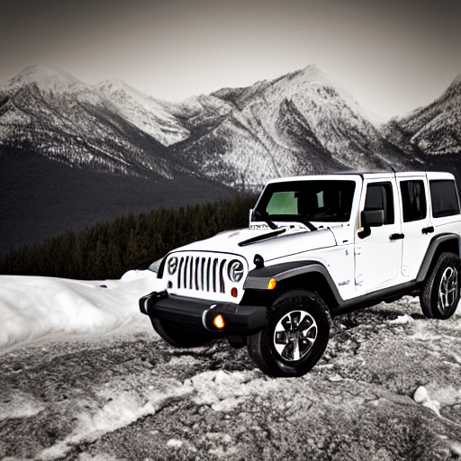prompthunt: white jeep wrangler driving up snow covered mountain ridge,  dreamy atmosphere, dramatic lighting, cinematic, photo realism
