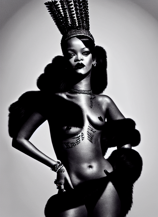 rihanna styled by nick knight, black outfit, intricate headpiece, posing, high fashion classy, glamour, full body shot, set pieces, intricate set, vogue magazine, canon, highly realistic. high resolution. highly detailed. dramatic. 8 k. 4 k.
