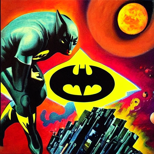 prompthunt: “Batman creates the world. 1932. Oil painting. Vibrant, cosmic,  sacred”