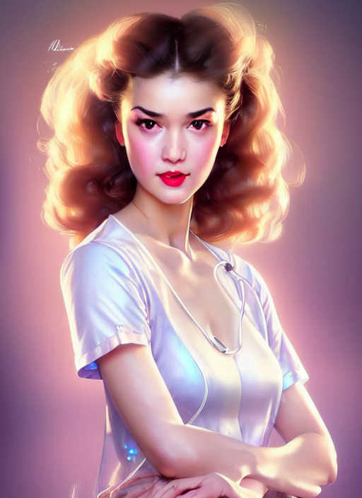 prompthunt: glamorous and sexy nurse in transparent blouse, beautiful,  pearlescent skin, natural beauty, seductive eyes and face, elegant girl,  natural beauty, very detailed face, seductive lady, full body portrait,  natural lights, photorealism