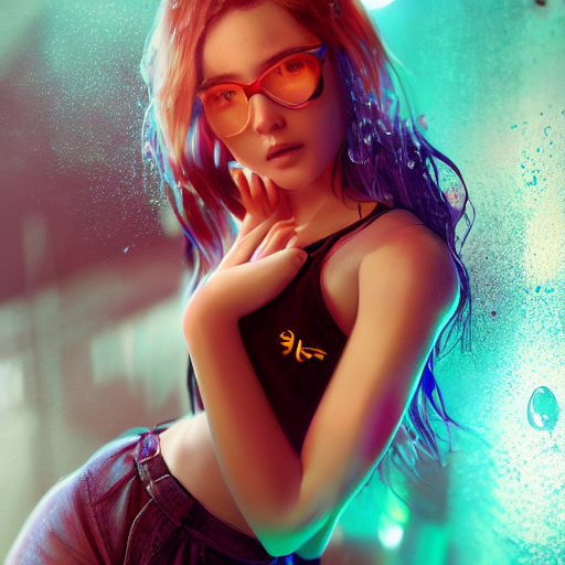 A Stunning portrait of sexy teen girl in a wet t-shirt with anime graphic printed on, art by Ross tran, vivid color palette, digital painting, 3D, octane render, post process in Photoshop, highly detailed, particles, light effect, volumetric lighting