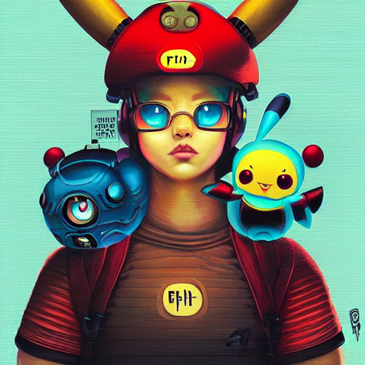 lofi BioPunk Pokemon Pikachu portrait Pixar style by Tristan Eaton Stanley Artgerm and Tom Bagshaw,