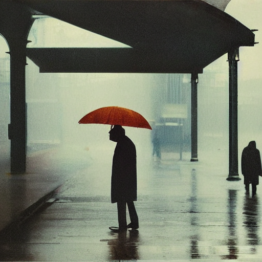 “Saul Leiter style photograph of a man taking shelter in a rainstorm under a bridge, extremely detailed, hyper realistic, melancholy, by Saul Leiter”