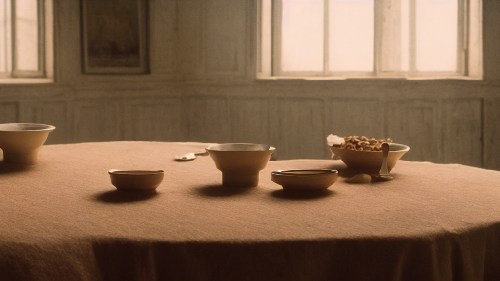 prompthunt: an empty cereal bowl sits on a table, film still from the movie  directed by Wes Anderson with art direction by Zdzisław Beksiński, wide lens