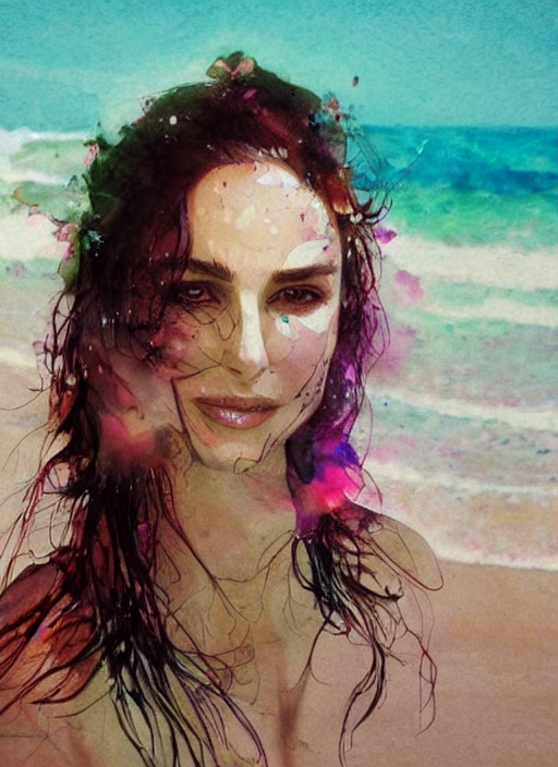 sexy seducing smile nathalie portman sunbathing careebean beach by agnes cecile, half body portrait, extremely luminous bright design, pastel colours, ink drips, autumn lights