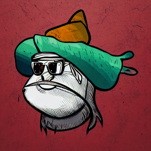 prompthunt: a fish with wizard hat. The fish has a beard, red sunglasses  and a guitar, photorealistic