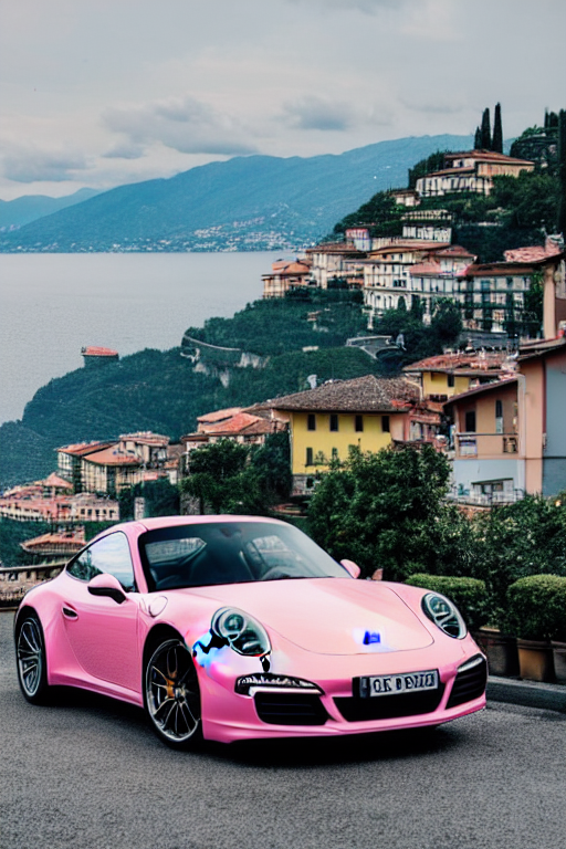 prompthunt: Photo of a pink Porsche 911 Carrera  parked on a dock with  Lake Como in the background, wide shot, poster, rule of thirds, photo  print, golden hour, daylight, vibrant, volumetric