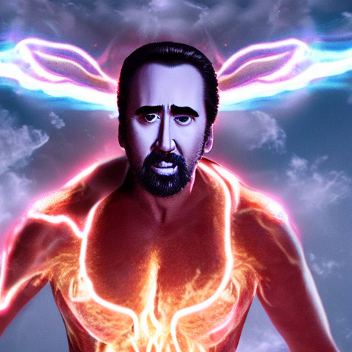 prompthunt 4 d rendering of nic cage ascension in thunder buff