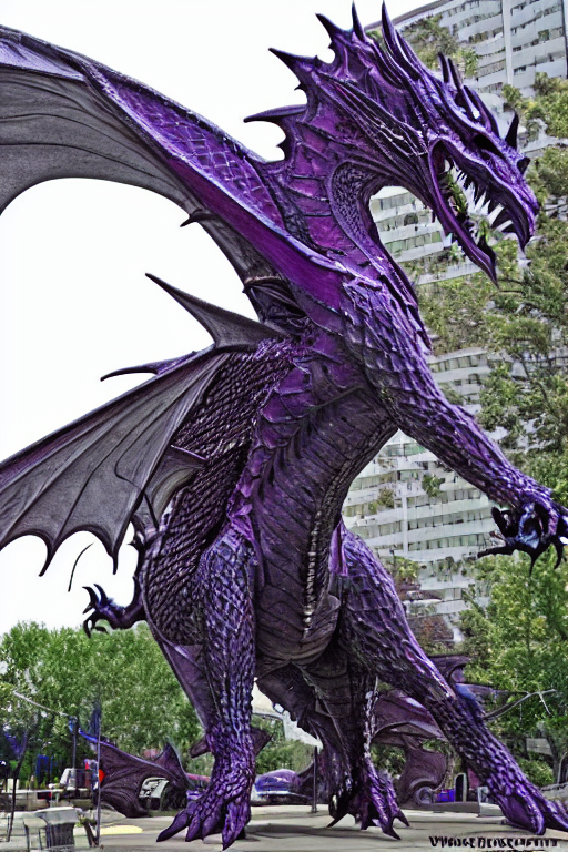 prompthunt: 128 foot tall silver western style dragon that has purple  highlights, 360 foot wingspan, and jagged yet smooth plated scales