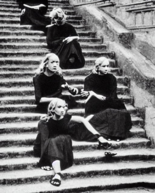prompthunt: a group of women in black dresses sitting on steps, a  screenshot m. c. escher and pascal blanche and frank frazetta, behance,  vorticism, reimagined by industrial light and magic, movie still,