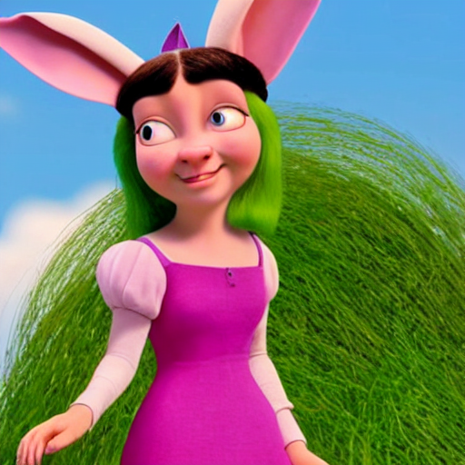 prompthunt: A still of Louise Belcher in Shrek (2001), wearing a pink bunny  ears hat and green dress, black hair
