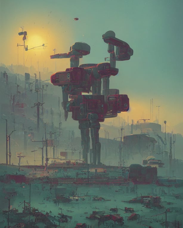 prompthunt: Retro sc-fi poster by Simon Stålenhag, giant broken robot,  rural landscape