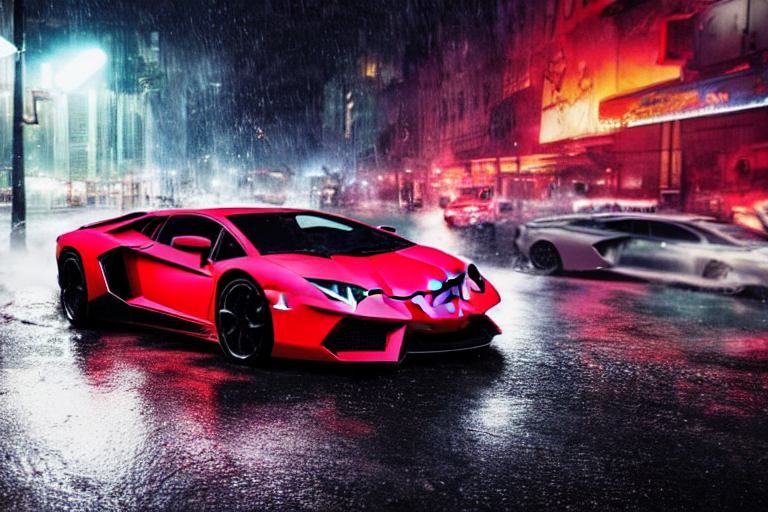 prompthunt: a cinematic photograph of a lamborghini aventador driving  through a dystopian city street whilst neon lightening strikes on the car,  rain falls, ultra realistic, high definition