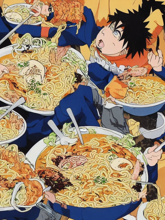 prompthunt: a color manga comic page illustration of naruto eating  progressively large bowls of ramen. his mood is one of delicious bliss and  the sense of the image is excitement. the image