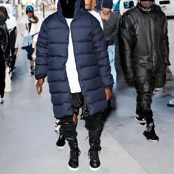 prompthunt: kanye west using a full face covering black mask, a small,  tight, child size reflective bright blue round puffer jacket made of nylon  and big black balenciaga rubber boots,