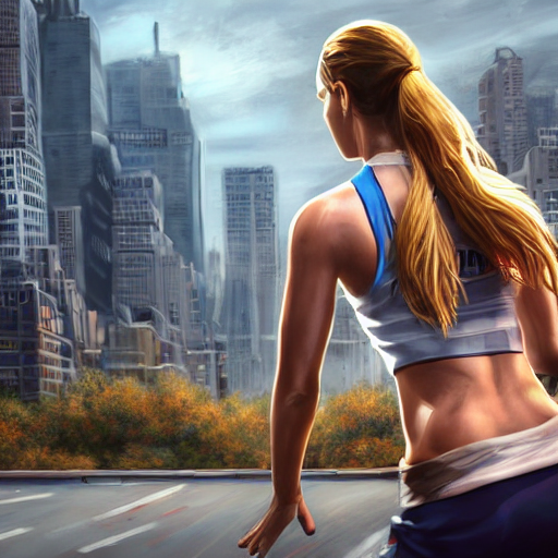 prompthunt: Brie Larson wearing sports attire that hugs her figure tightly,  nyc backround, highly detailed, wide shot, intricate, fearful, mystical,  sharp focus, Trending on Artstation HQ, deviantart, unreal engine 5, 4K UHD