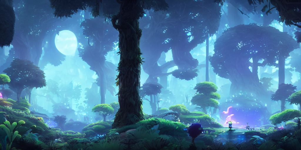 prompthunt: Ori and the blind forest, side scrolling trees, Neon Lighting,  Subject in Middle, Rule of Thirds, 4K, Retrofuturism, Studio Ghibli, Simon  Stålenhag