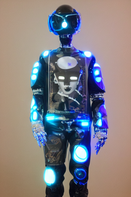 prompthunt a cyberpunk humanoid robot with a blue led face wearing a