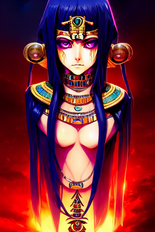 prompthunt: 3 / 4 view of a smirking necromancer queen cleopatra, beautiful  and detailed eyes, with pyramids and a giant crimson moon with the eye of  ra in the background, by tite