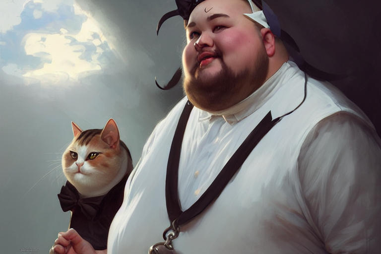 prompthunt: realistic fat man wearing a maid outfit and cat ears, portrait,  highly detailed, hyperrealistic, digital painting, artstation, concept art,  smooth, sharp focus, illustration, cinematic lighting, art by artgerm and  greg rutkowski