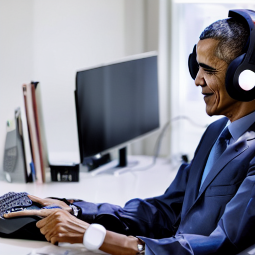 Obama with gaming headset sitting at a desk with gaming gear and an RGB PC