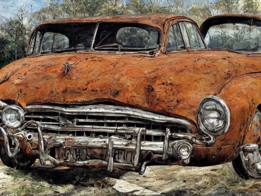 prompthunt Rusty old car. Painting by Lucian Freud.