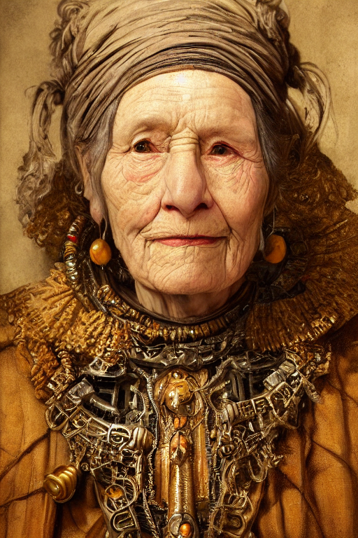 prompthunt: portrait, headshot, digital painting, of a old 17th century,  old lady cyborg merchant, amber jewels, baroque, ornate clothing, scifi,  futuristic, realistic, hyperdetailed, chiaroscuro, concept art, art by  rembrandt