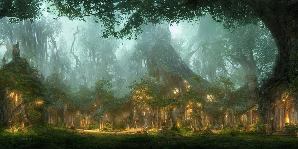 prompthunt: Lothlórien with elven homes on trees, evening, detailed matte  painting, cinematic, Alan Lee, Artstation