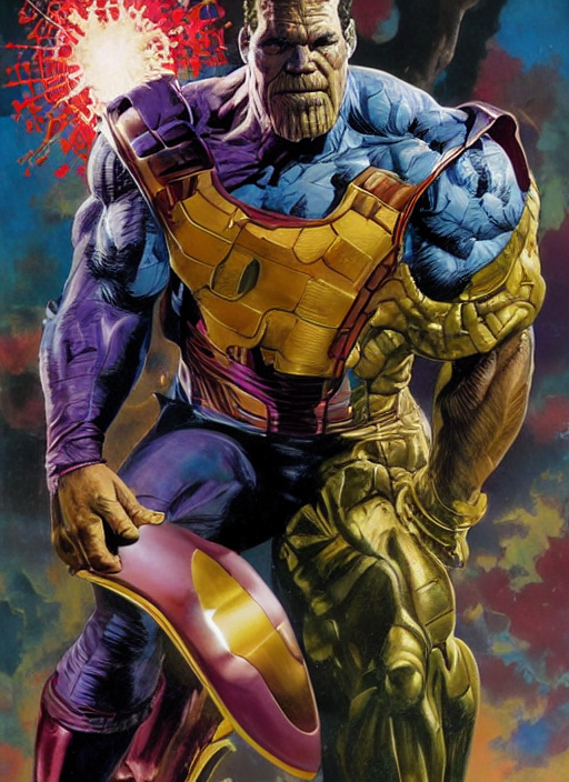 prompthunt: full body and head portrait of josh brolin as marvel thanos,  dynamic action, painted by norman rockwell and phil hale and greg staples  and tom lovell and frank schoonover and jack