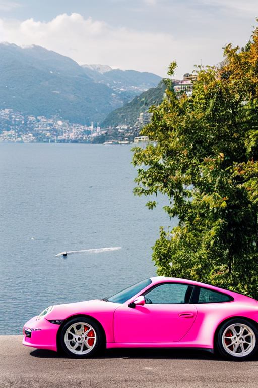 prompthunt: Photo of a pink Porsche 911 Carrera  parked on a dock with  Lake Como in the background, wide shot, photo print, golden hour, daylight,  vibrant, dramatic lighting, award winning