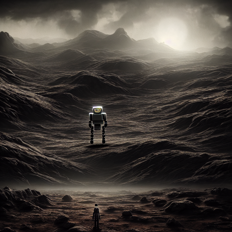 prompthunt: surreal of a lonely robot wandering in the wasteland on exoplanet, dark clouds, dark washed colors tint, dream-like heavy atmosphere, baroque beautiful detailed intricate insanely detailed octane render trending on