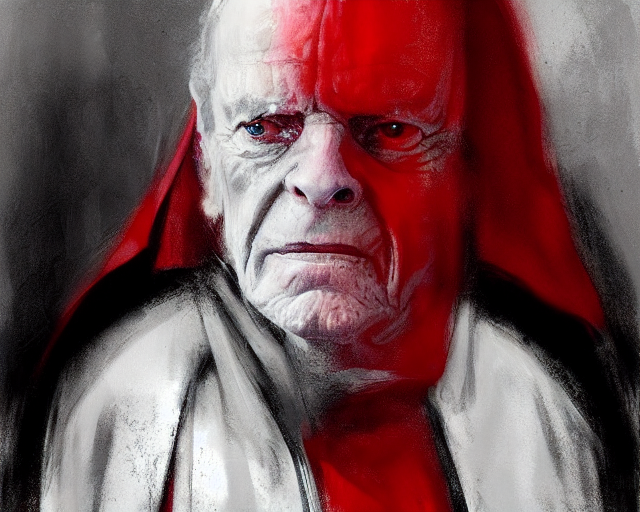 portrait of emperor palpatine sidious played by ian mcdiarmid with a big hood, in shades of grey, but with red, by jeremy mann