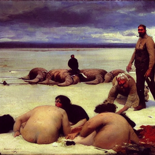 the dream of the walrus being slaughtered on a public beach in oslo, by ilya repin, oil on canvas, 1 8 8 3, high resolution