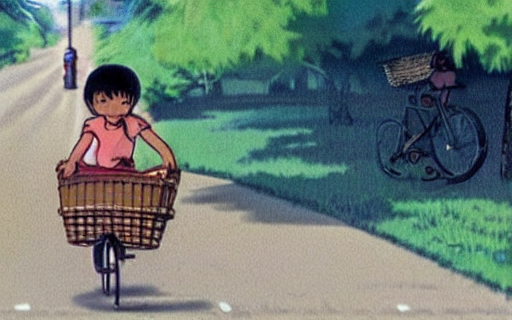 prompthunt: a girl riding a bike with a basket in a small town, 1970s  philippines, art by hayao miyazaki, studio ghibli film, hi res, 4k,  detailed!!!!!!! face!!!!!!!