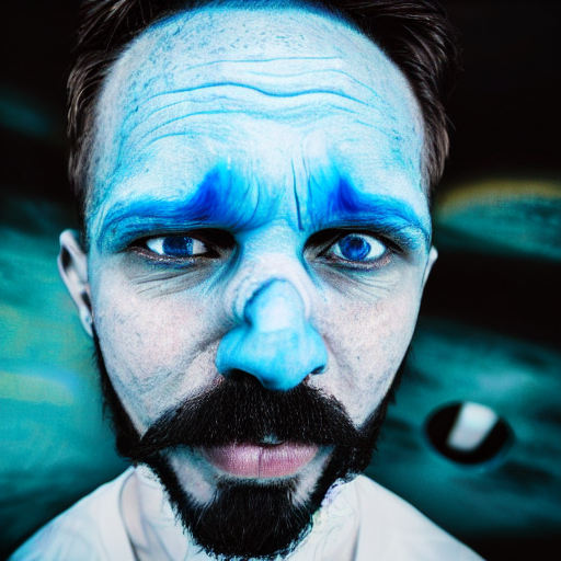 close up fish eye photo of a man with blue skin and a, Stable Diffusion