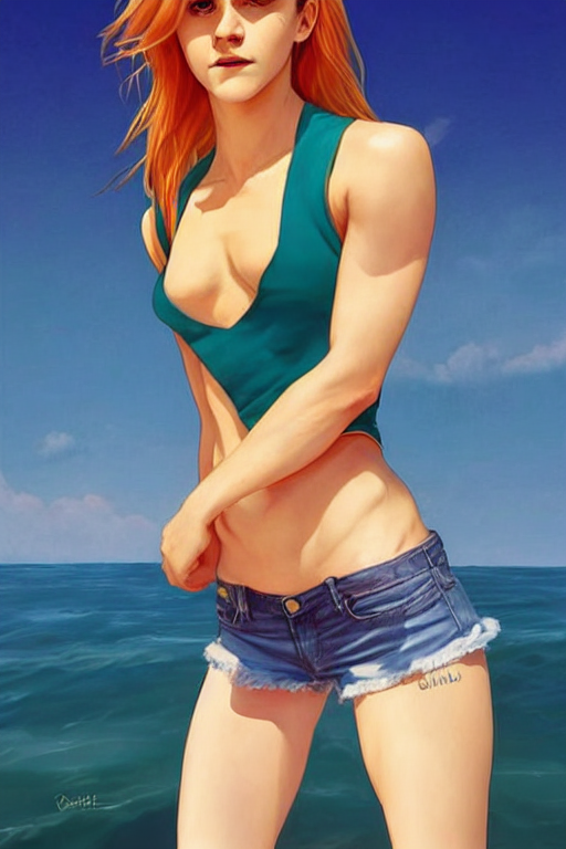 a gorgeous hulking Emma Watson with very long hip-length blonde hair, wearing a cut-off white top and orange cut-off shorts standing by the water, in the style of artgerm and moebius and annie liebovitz, marvel comics, photorealistic, highly detailed, trending on artstation