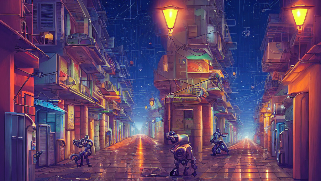prompthunt: street view of futuristic robot havana city at night by cyril  rolando and naomi okubo and dan mumford and ricardo bofill. robots. robots  walking the streets. advertisements for robots. robotic elegant