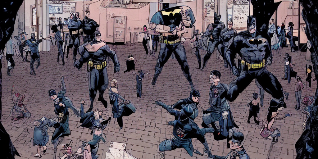 prompthunt: Batman teaching mall-cops ballet. Epic painting by James Gurney  and Laurie Greasley.