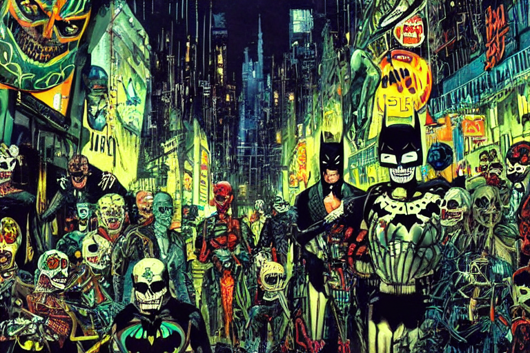 prompthunt: scene from batman, day of the dead, cyber skeleton, neon  painting by otto dix