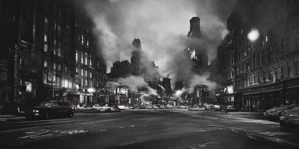 prompthunt: high resolution photo of a new york street at night with an old  church on fire surrounded with smoke and cars with bright headlights by  robert capa, realistic photo, leica, cinematic