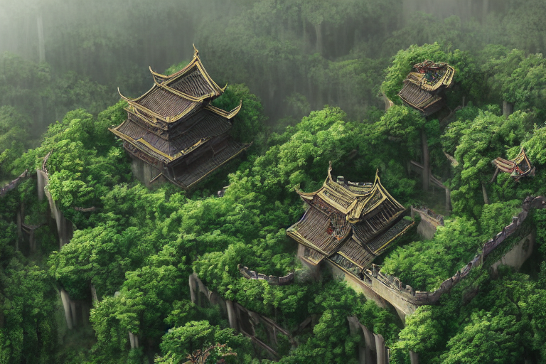 prompthunt: a giant ancient chinese castle in forest with some ivy ...