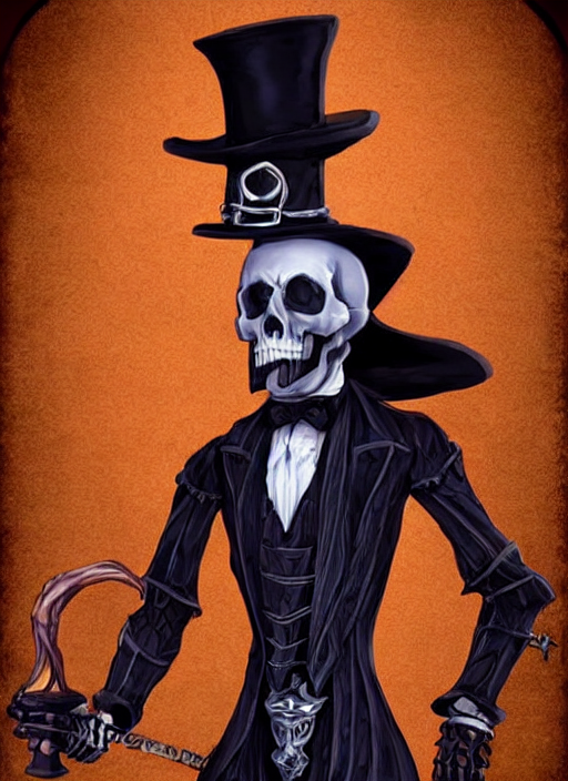 DND character art, skeletal male figure, wearing a deep black suit!!! and tie and top hat, holding a gold! cane!. blue!!! flames!!