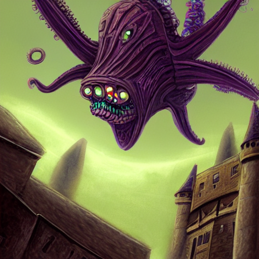 lovecraftian alien flying over a castle by erol otus