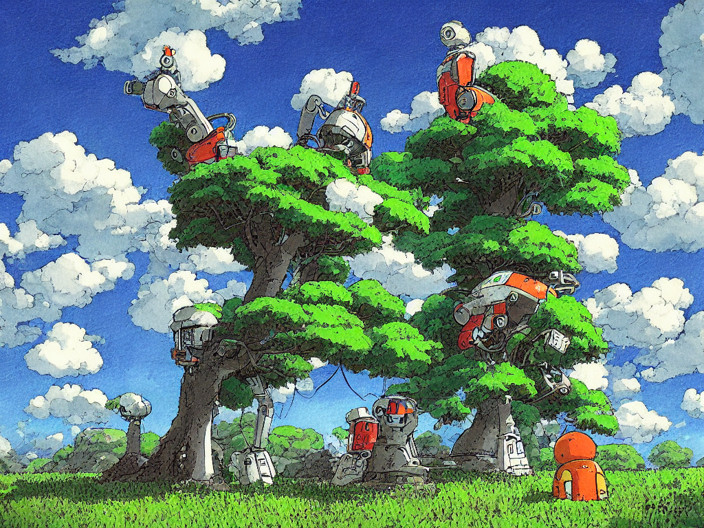 prompthunt: painting of a robot sitting under a tree, in the style of Studio  Ghibli, by Hayao Miyazaki