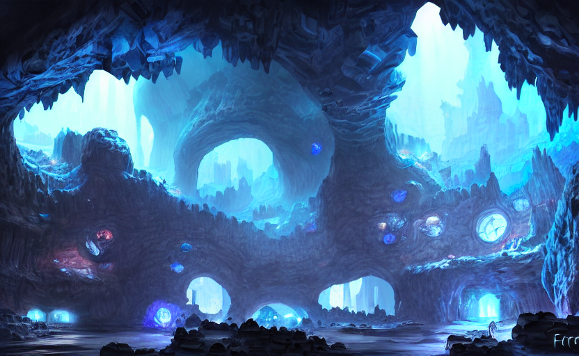 prompthunt: factory in a giant dark cave, black rocks cave, detailed cave  stones, deep cave, dramatic light, blue crystals, hyper detailed,  realistic, intricate, concept art by frank hong, mate painting, artstation