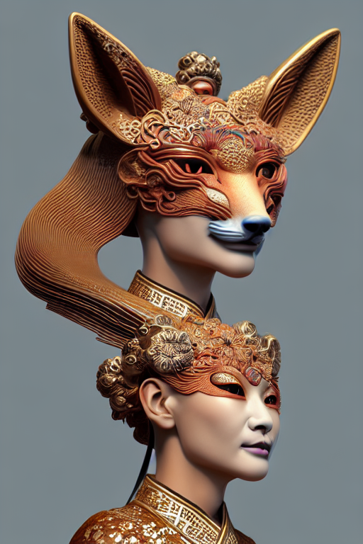 prompthunt: 3 d goddess close - up profile portrait. beautiful intricate  highly detailed korean fox mask and traditional korean hanbok. stingray,  magpie, bio luminescent, plasma, lava, ice, water, wind, creature, artwork  by